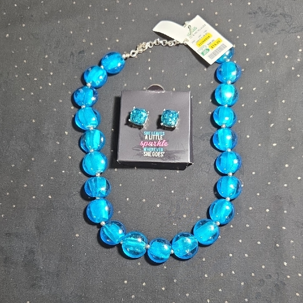 Blue Beaded Necklace and Earring Set